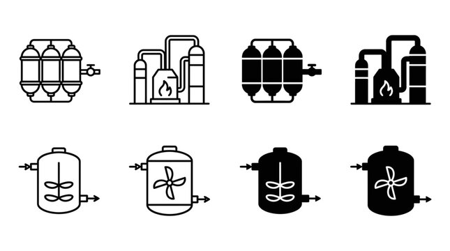 Industrial processing and chemical plant icons set with processing distillation chemical industry agitator