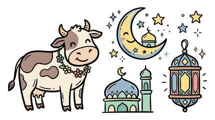 Fototapeta premium Whimsical night scene featuring a cheerful cow adorned with floral accessories surrounded by a crescent moon and colorful