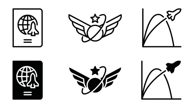 Set of space travel and rocket launch icons in outline and solid styles with trajectory exploration universe