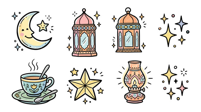 Whimsical night scene illustration with lanterns star crescent moon tea cup and decorative elements for magical or festive theme