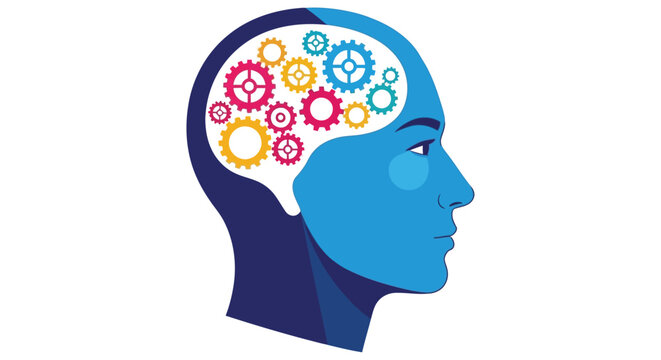 A human head in profile with gears and cogs representing the brain