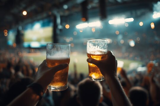 Fans celebrate football world cup with drinks in the stadium