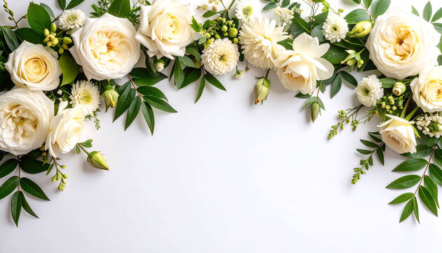 a close up view of an arrangement of white roses interspersed with green leaves, adorned with a decorative garland