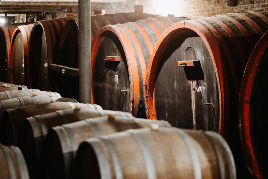 View of large wooden wine barrels stored in a dimly lit rustic cellar Coka, Vojvodina, Serbia.