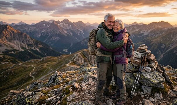 Happy elderly couple embracing on mountain peak at sunrise