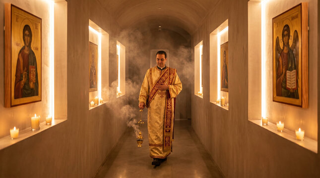 A Coptic Orthodox deacon carries a golden censer down a narrow incense-filled corridor, embroidered vestments swaying, candlelit alcoves hol