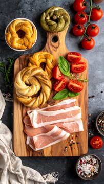Rustic Savory Pastries Arranged with Tomatoes and Bacon on Wooden Board