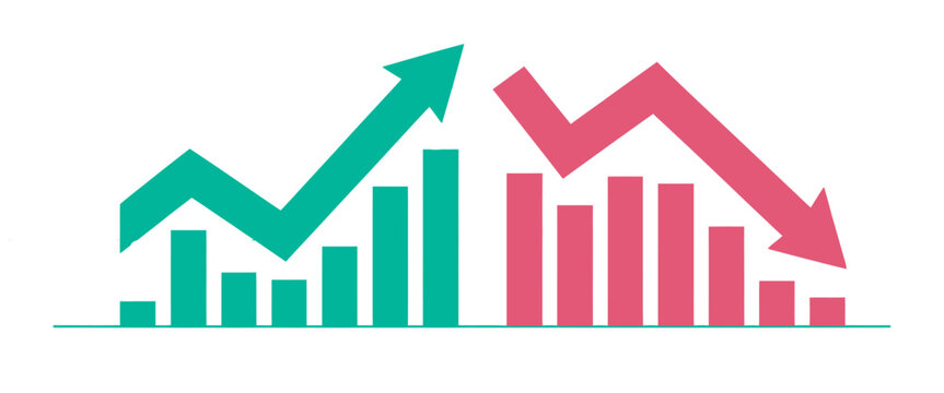 Financial bar charts showing growth and decline with green and red arrows vector icon