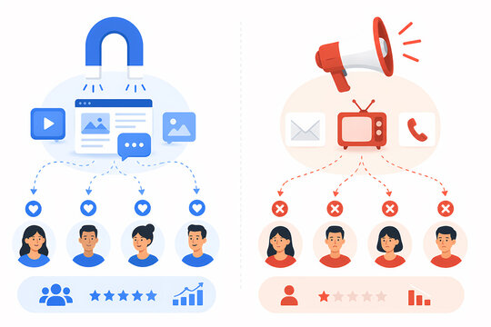 Inbound vs outbound marketing comparison illustration