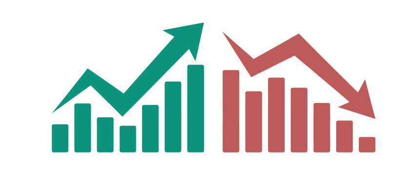 Business growth and decline bar charts with upward and downward trend arrows vector