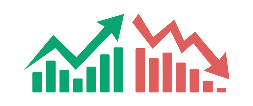 Business growth and decline bar charts with green and red arrows for financial data