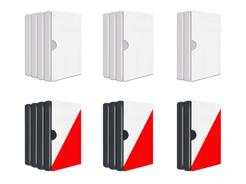 Multiple volume Book set in box packaging. Four, three, two hardcover volumes. Realistic 3d vector mockup. White blank closed hard cover books in slipcase. Easy editable mock-up. Template for design