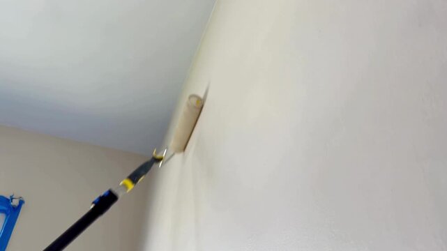 low angle looking up at paint roller coating white walls in fresh paint painter s pole rolling fresh paint onto white wall beside window.