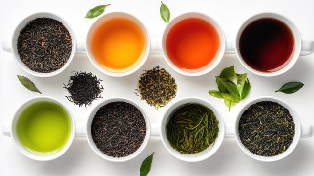 Assorted tea types in white cups on a white background.