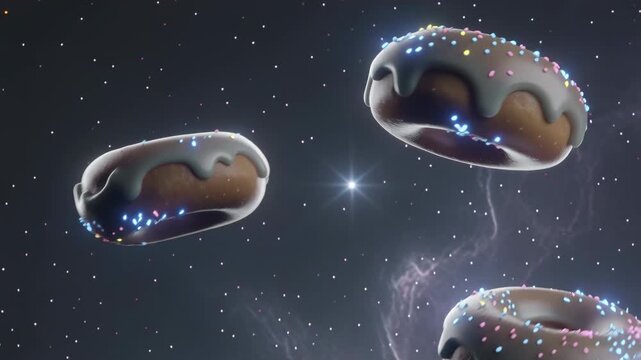 Sweet chocolate glazed donuts with colorful luminous sprinkles adrift in a starry cosmos, symbolizing cosmic sweets.