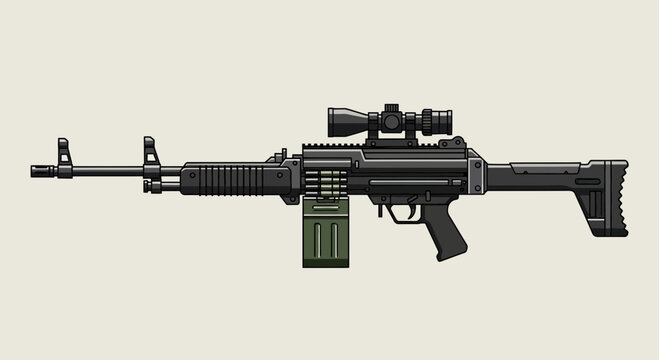 Modern Light Machine Gun with Optic Scope Vector Illustration Isolated on White Background