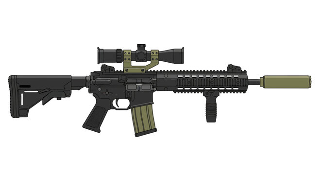 Modern Tactical Rifle with Scope and Suppressor Vector Illustration Isolated on White Background