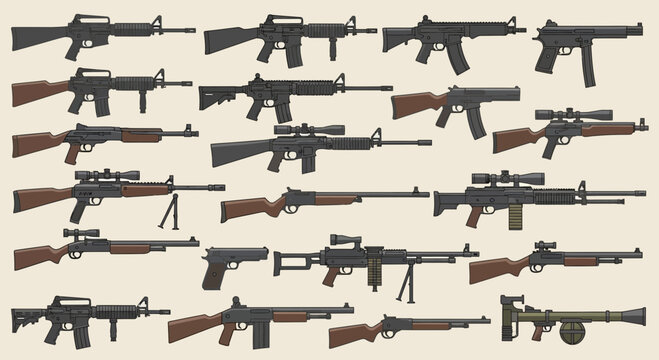 Collection of Military Rifles and Firearms Vector Set Isolated on White Background