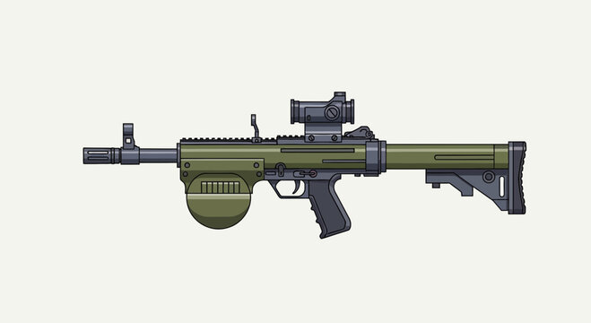 Modern Military Light Machine Gun Vector Illustration Isolated on White Background