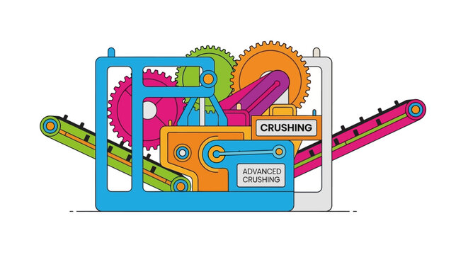 Vibrant flat design vector illustration depicting an industrial crushing machine with gears, conveyor belts, and process labels on a clean white background