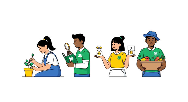 Diverse group of young people engaged in various educational activities related to gardening, science, and agriculture, presented as a flat design illustration on a clean white background.
