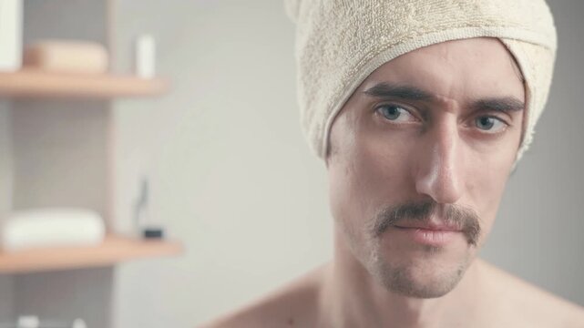 Comical mustached man in bathroom with towel on head looking sly and serious, blinking and faintly smiling