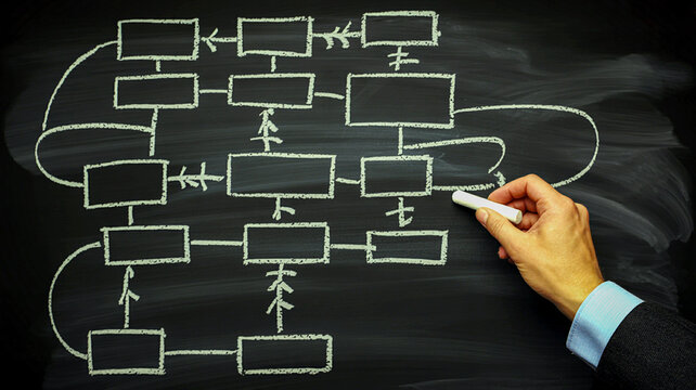 Flowchart on Chalkboard: A hand draws a complex flowchart with boxes and arrows on a dark chalkboard, illustrating a process or strategy.