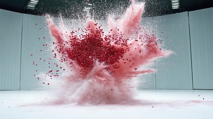 Fototapeta premium Red particles explode in a dramatic display.