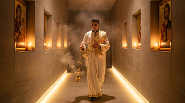 A Coptic Orthodox deacon carries a golden censer down a narrow incense-filled corridor, embroidered vestments swaying, candlelit alcoves hol 2