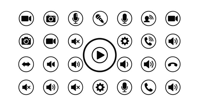Extensive collection of circular media icons including camera, video, play, sound, microphone, and settings symbols on white.