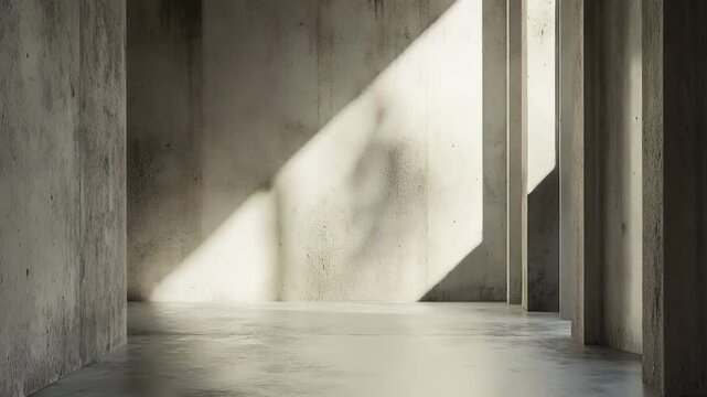 Empty concrete room featuring strong architectural forms, minimalist aesthetic, and dramatic natural light casting angular shadows across the textured wall and floor
