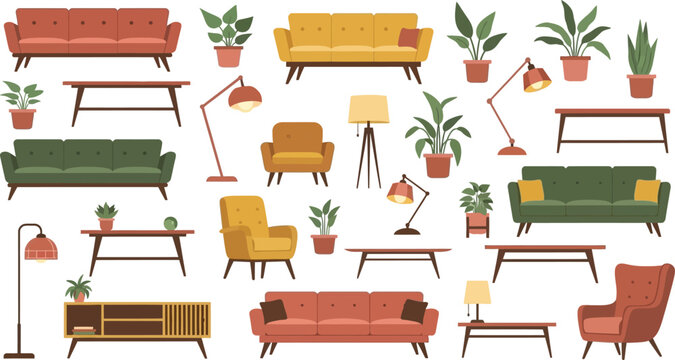 Large collection of retro furniture icons including sofas armchairs coffee tables and floor lamps for interior design vector illustration