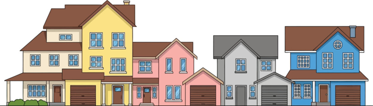 Row of colorful suburban houses with garages and gabled roofs in a flat vector style for real estate and community concepts