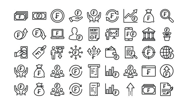 Collection of various financial and business icons in line art style for graphic resources