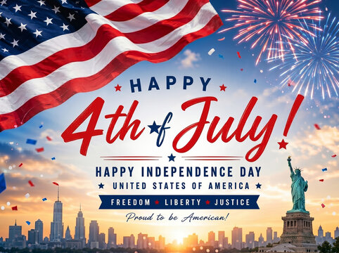 "Happy 4th of July Independence Day poster with large waving American flag, Statue of Liberty, NYC skyline, fireworks, confetti, and bold red blue typography."