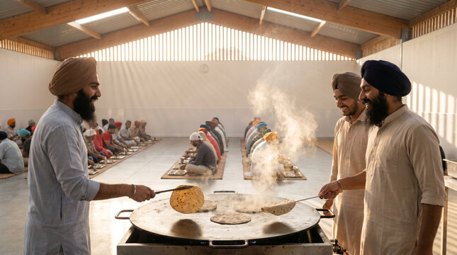 Sikh volunteers at a langar kitchen press fresh rotis on a wide iron griddle, steam rising, golden hour light through a corrugated roof, com 3