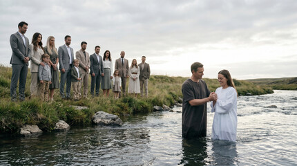 Fototapeta premium A crowd of baptism attendees stands at the edge of a river in rural countryside, pastor waist-deep in water, overcast sky giving the scene a 3