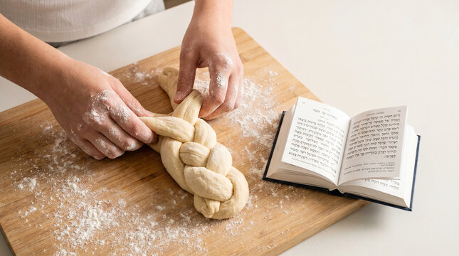 Close-up of a teenage girl's hands braiding a challah loaf, flour dusting her knuckles, a small siddur open beside the dough on a floured bo 3