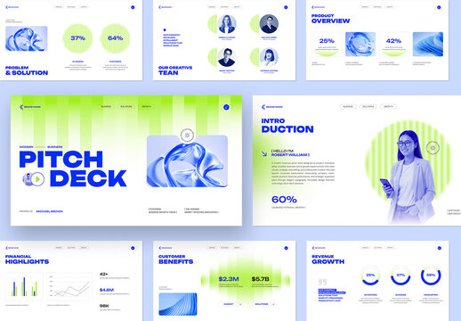 Modern Business Pitch Deck Presentation Template with Green and Blue Accents