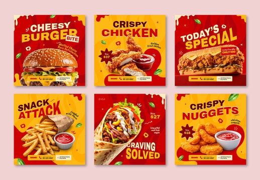 Fast Food Social Media Post Set with Modern Promotional Layouts
