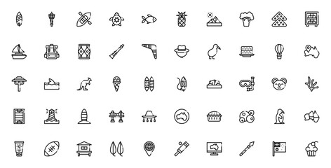 Australia icon set. Minimalist icons pack. Includes Surfboard, Sydney tower, Kayak, Turtle, Fish, Pineapple, Boomerang, Kangaroo, Koala, Uluru, and more. Editable vector stroke. © wang