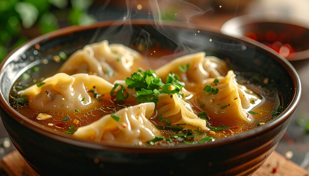 Steaming hot savory dumpling soup