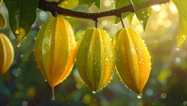 Ripe yellow starfruit with raindrops