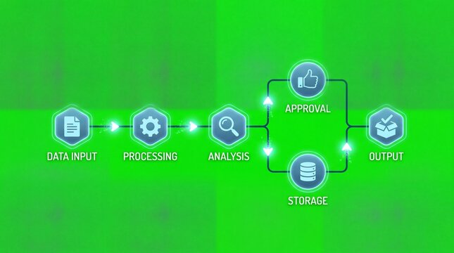 Animated workflow process with arrows on green background