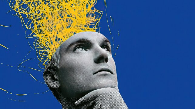 Solid blue background digital illustration, halftone grayscale head with chin supporting hand, messy yellow wavy lines replacing upper skull, scattered dashed light lines for thinking and creative the