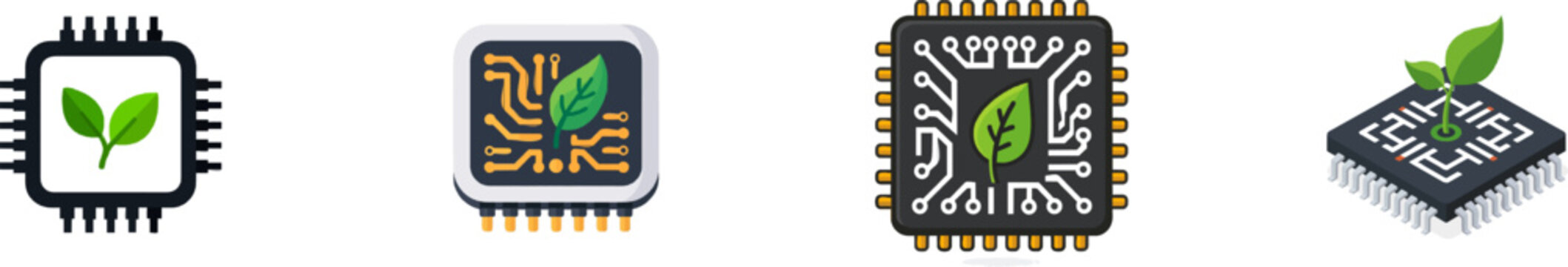 A high-resolution microchip with complex geometric pathways and a small green leaf icon growing from its center is depicted in a minimalist tech style using bold solid colors of emerald green, gold,