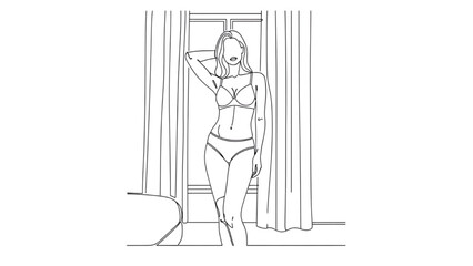 A woman in lingerie stands by a 2D CAD Vector doorway with curtains © Stock Image Paradise