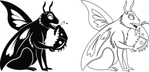 Stylized black and white silhouette and outline of a moth-like creature holding a ladybug © SilhouetteStore