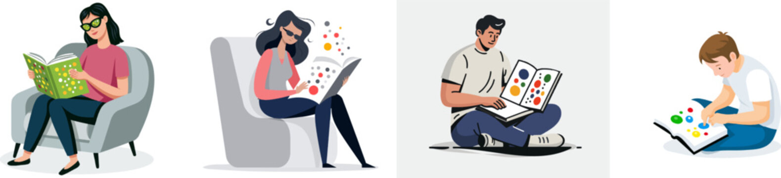 A woman in a soft pink shirt reads a book with large colorful braille dots on the pages while sitting in a grey armchair against a white background