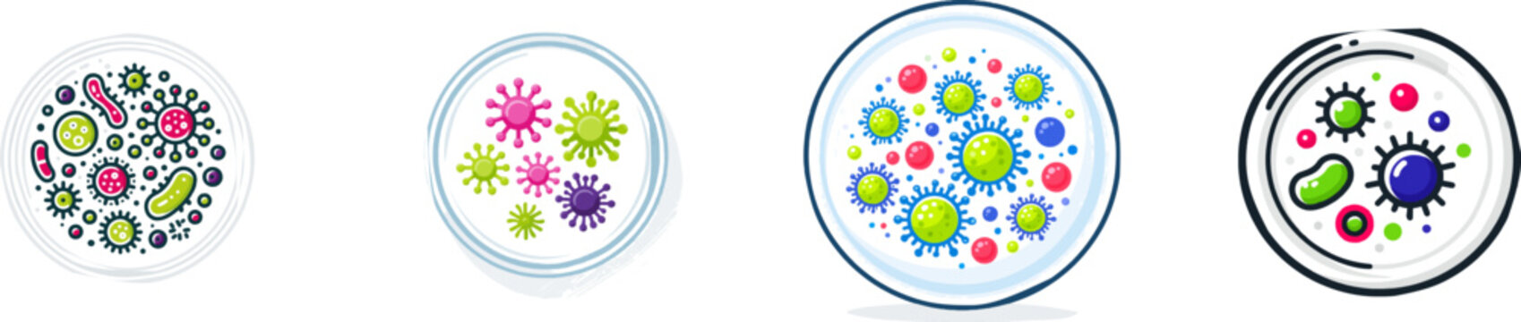 A petri dish with colorful stylized bacteria colonies arranged in a geometric pattern, viewed from above, features vibrant colors like bright pink, lime green, and violet, all rendered in flat design